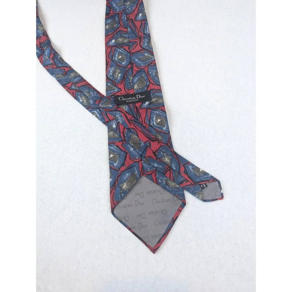 Christian Dior Monsieur Silk Tie Red Blue Abstract Geometric Designer Necktie